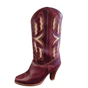 Vintage 70's Zodiac Burgundy Leather Western Heeled Boot with Tan Inlay Size 8.5